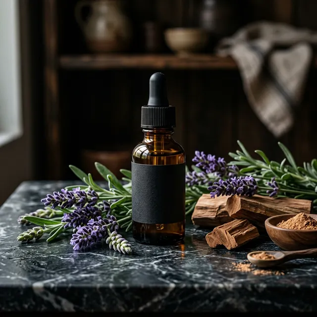 Ayurvedic essential oil in dark amber dropper bottle