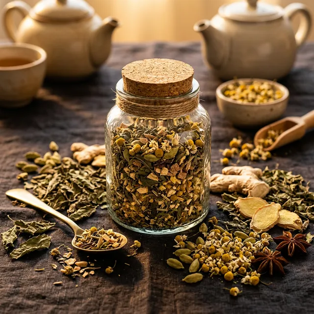 Premium Ayurvedic herbal tea blend in a glass jar