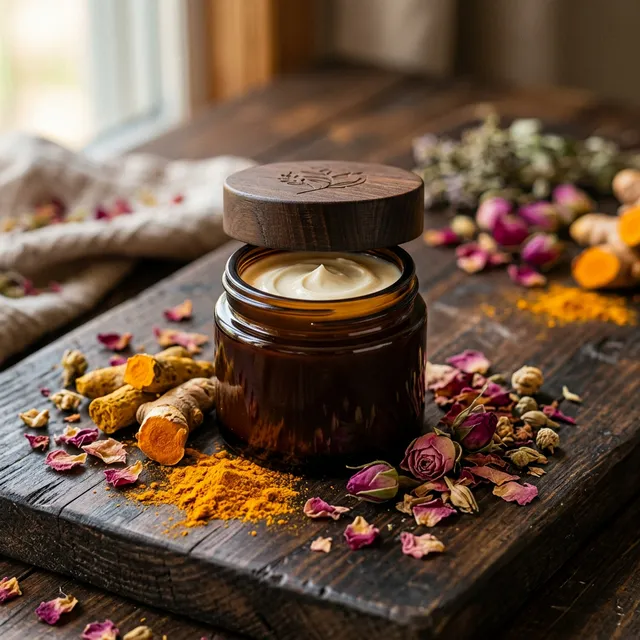 Ayurvedic skincare cream in dark glass jar with turmeric