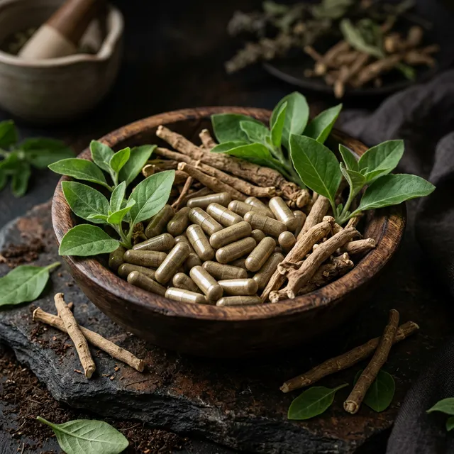 Ayurvedic herbal supplement capsules in wooden bowl